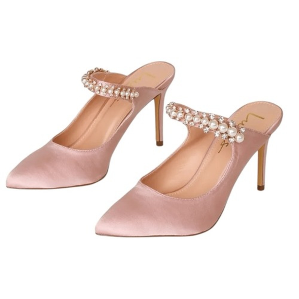 NEW Lulus Sephoraa Rose Gold Satin Pearl Pointed Toe Mule Heels Size 7.5
